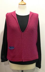 Carousel Short Gilet in cerise/bluebell, knitted in silk/lambswool yarn, desgned and made in Orkney