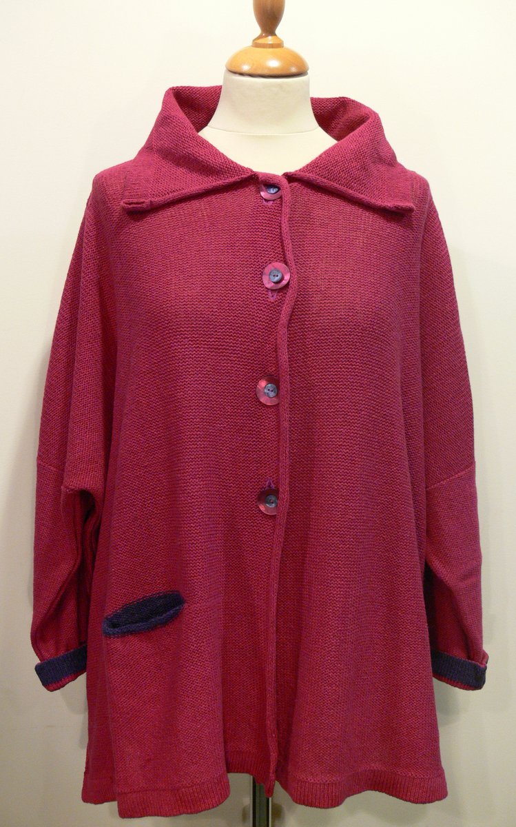 Carousel Medium Jacket in cerise/gentian, knitted in silk/lambswool yarn, desgned and made in Orkney