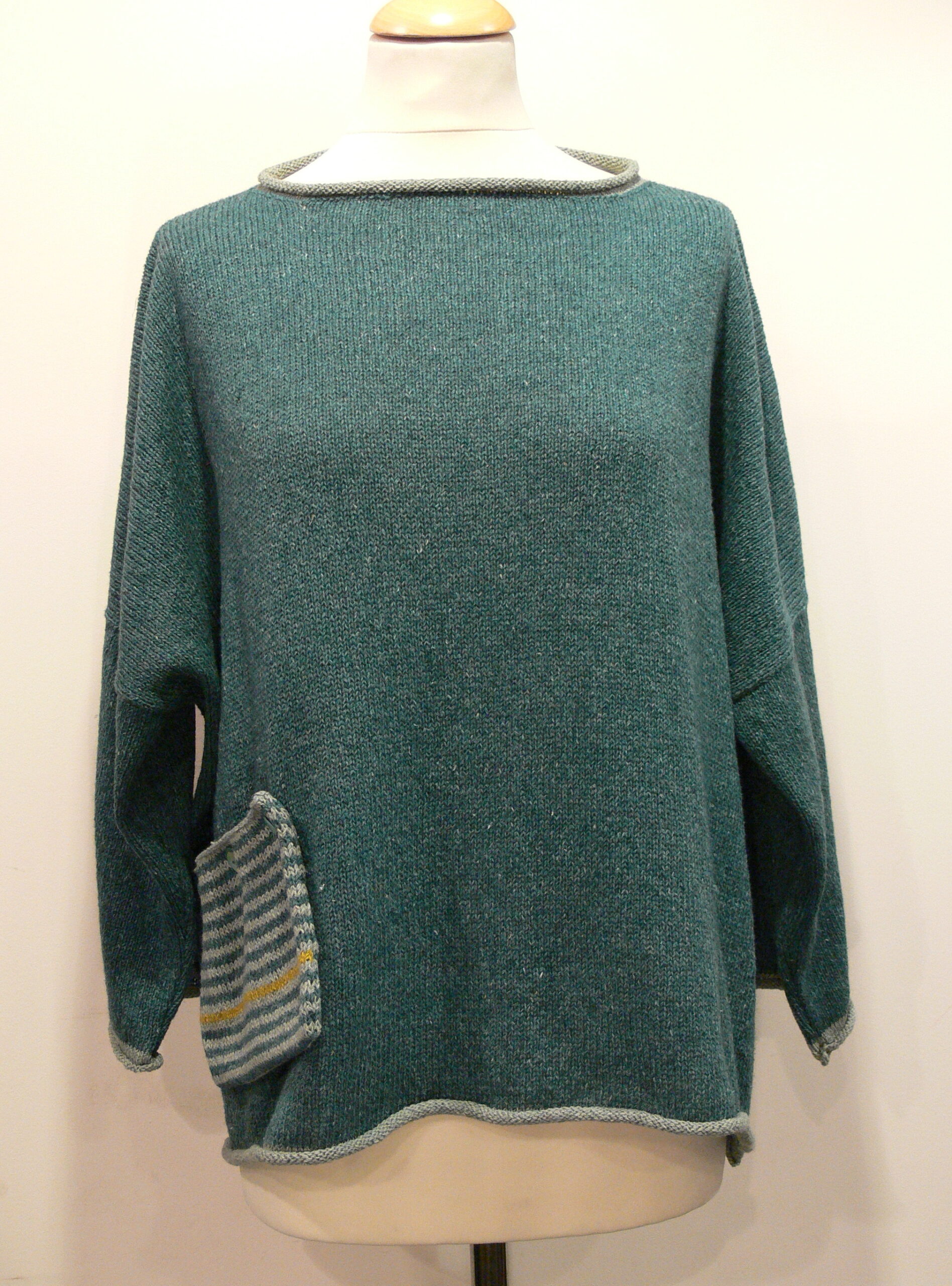Calypso Medium Tunic in duckegg/mint/sap knitted in silk/lambswool yarn