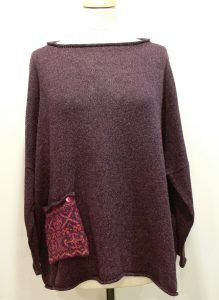 Calypso Medium Tunic in plum with fairisle pocket knitted in silk/lambswool yarn