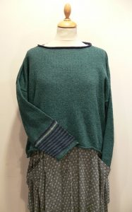 Strathy Short Tunic in duckegg/gentian/mint. One striped sleeve. Knittedin silk/lambswool. Designed and made in Orkney.