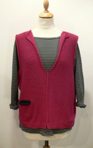 Carousel Short Gilet in cerise/graphite, knitted in silk/lambswool yarn, desgned and made in Orkney