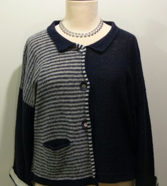 Aretha Short Jacket in midnight/ivory. Knitted in silk/lambswool. designed and made in Orkney.