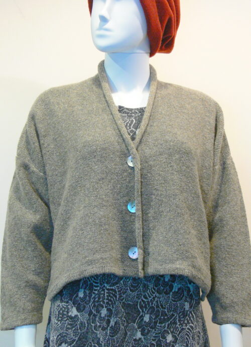 Norna short jacket in selene, knitted in lambswool/cashmere yarn, designed and made in Orkney