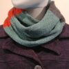 Quernstone loop scarf in duckegg/flame/graphite knitted in 52% silk, 48% lambswool