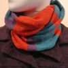 Quernstone loop scarf in flame/teal/gentian knitted in 52% silk, 48% lambswool